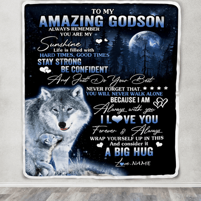 Personalized To My Amazing Godson Wolf Blanket From Godmother Godfather Moon Wolf Godchild Godson Graduation Christmas Customized Fleece Blanket