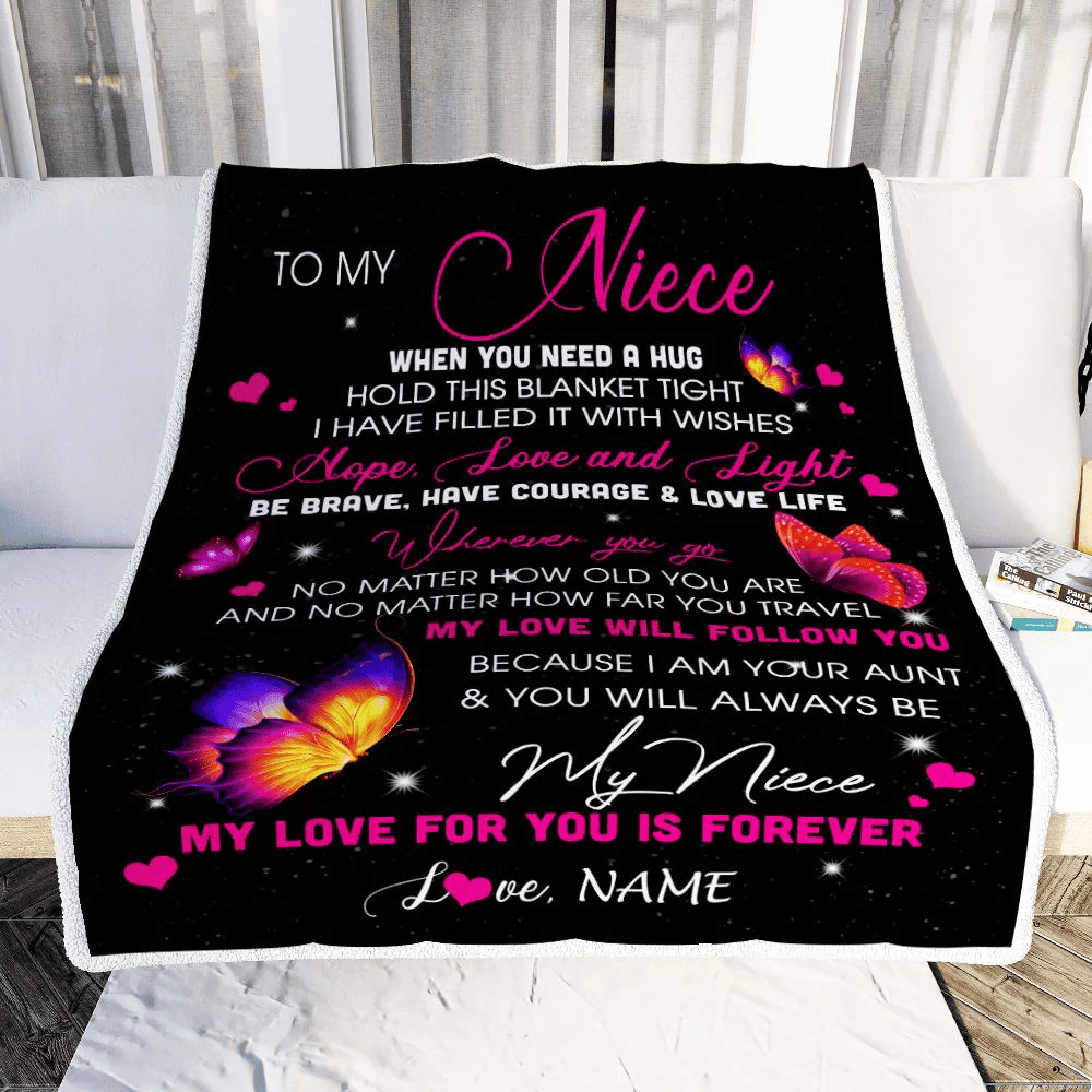 Personalized To My Niece Blanket From Aunt Butterfly When You Need A Hug Niece Birthday Graduation Christmas Customized Bed Quilt Fleece Throw Blanket