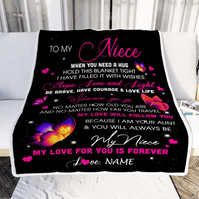 Personalized To My Niece Blanket From Aunt Butterfly When You Need A Hug Niece Birthday Graduation Christmas Customized Bed Quilt Fleece Throw Blanket