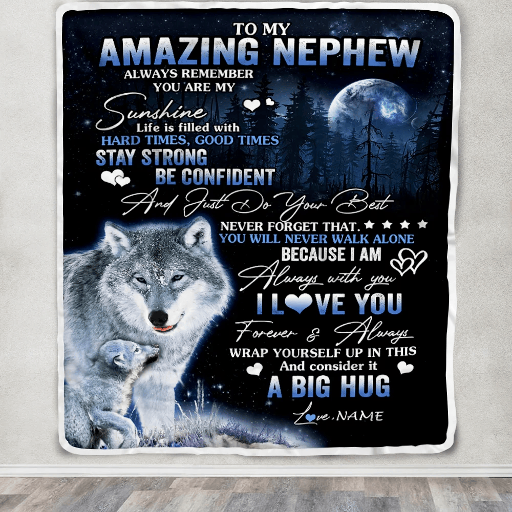Personalized To My Amazing Nephew Wolf Blanket From Aunt Auntie Uncle Moon Wolf Nephew Birthday Graduation Christmas Customized Fleece Throw Blanket