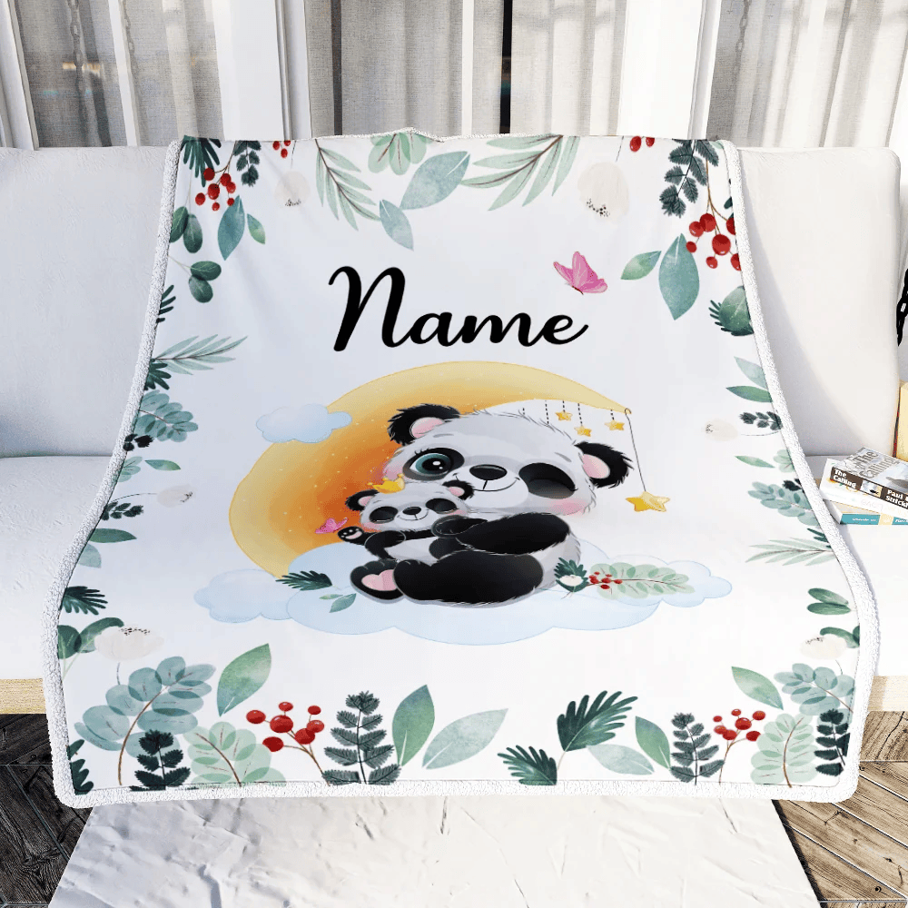 Personalized Baby Blanket with Name Custom Mom and Baby Panda Boy Girl Newborn Kids Son Daughter Niece Nephew Birthday Christmas Customized Fleece Blanket