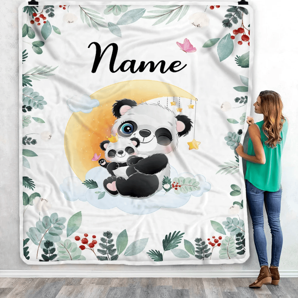 Personalized Baby Blanket with Name Custom Mom and Baby Panda Boy Girl Newborn Kids Son Daughter Niece Nephew Birthday Christmas Customized Fleece Blanket