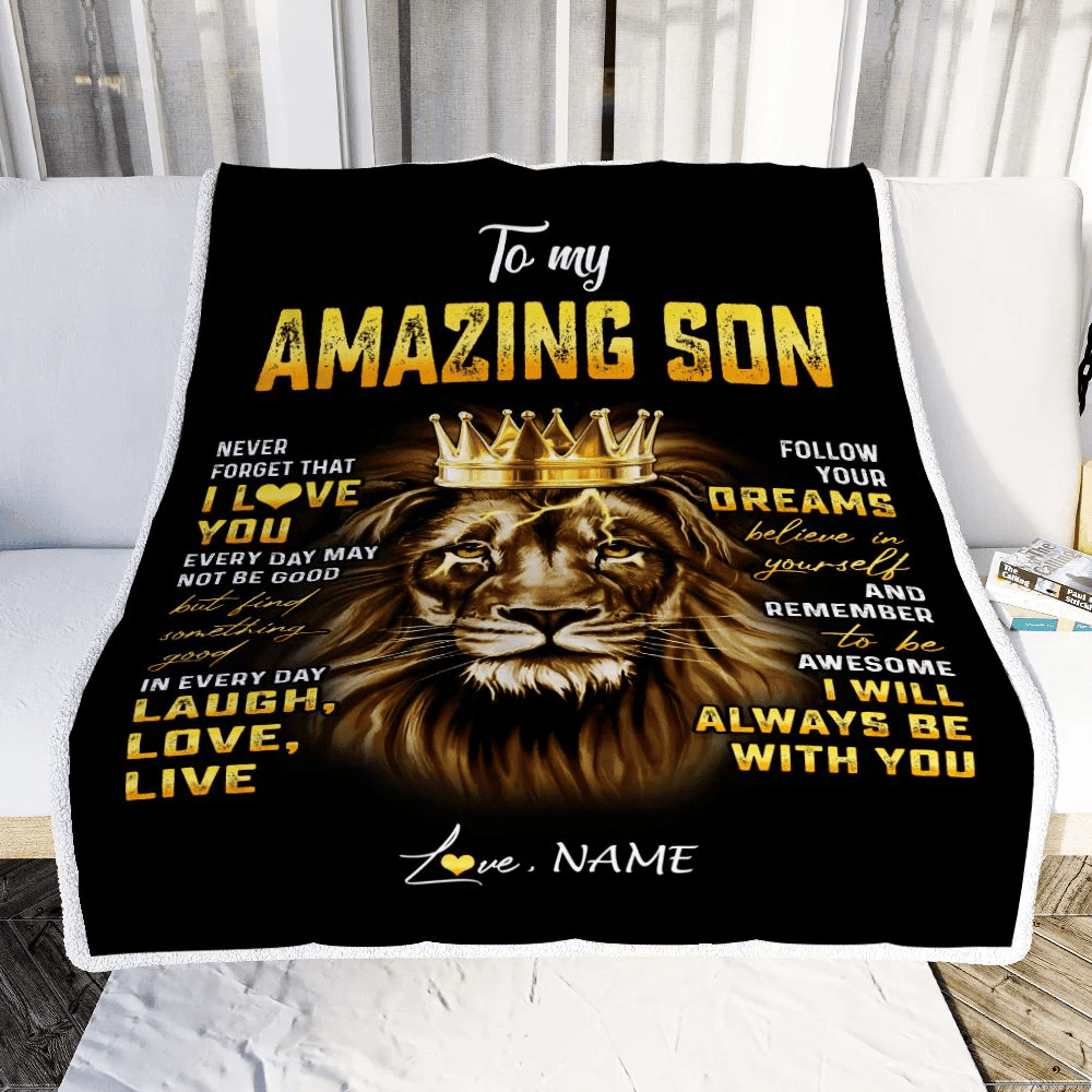 Personalized To My Son Blanket From Mom Dad Mother Father Never Forget I Love You Lion Son Birthday Graduation Christmas Customized Fleece Throw Blanket