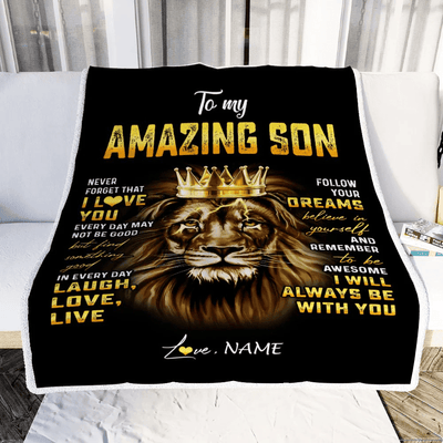 Personalized To My Son Blanket From Mom Dad Mother Father Never Forget I Love You Lion Son Birthday Graduation Christmas Customized Fleece Throw Blanket