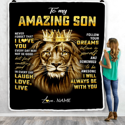 Personalized To My Son Blanket From Mom Dad Mother Father Never Forget I Love You Lion Son Birthday Graduation Christmas Customized Fleece Throw Blanket