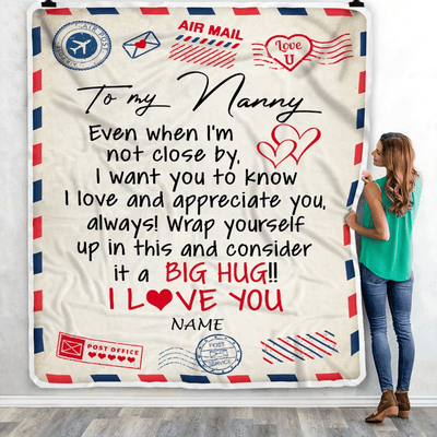 Personalized Nanny Blanket From Kids I Love You Hugs Air Mail Letter Nanny Birthday Mothers Day Christmas Customized Fleece Blanket