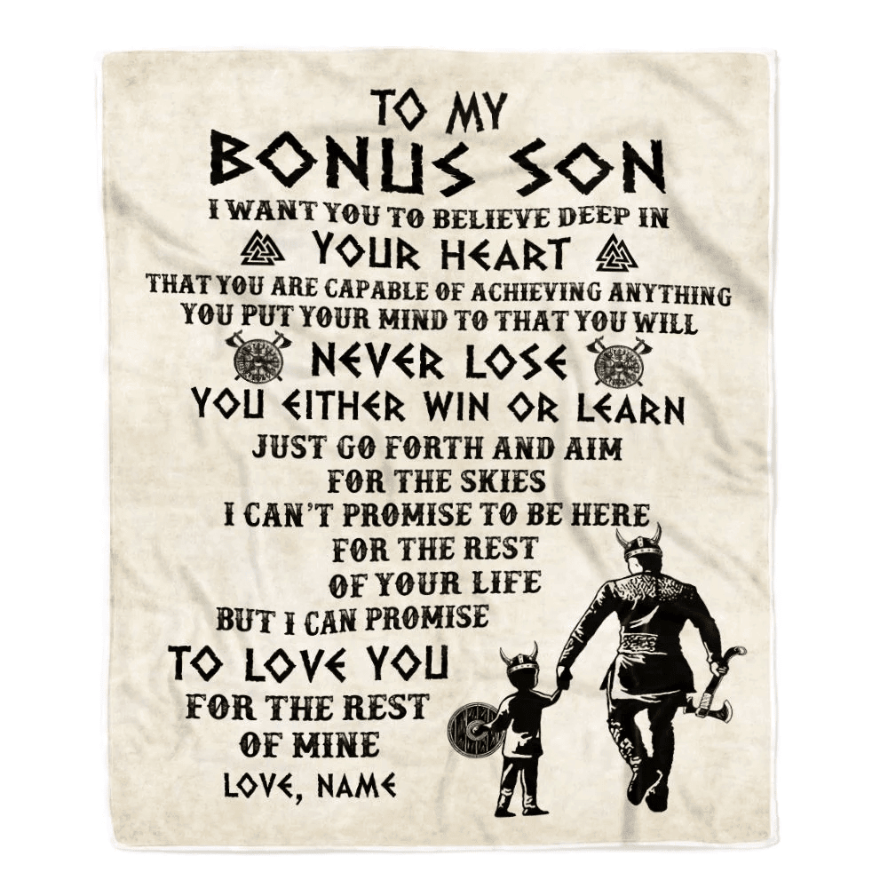 Personalized To My Bonus Son Blanket From Step Dad You Will Never Lose Viking Stepson Birthday Graduation Christmas Customized Fleece Blanket
