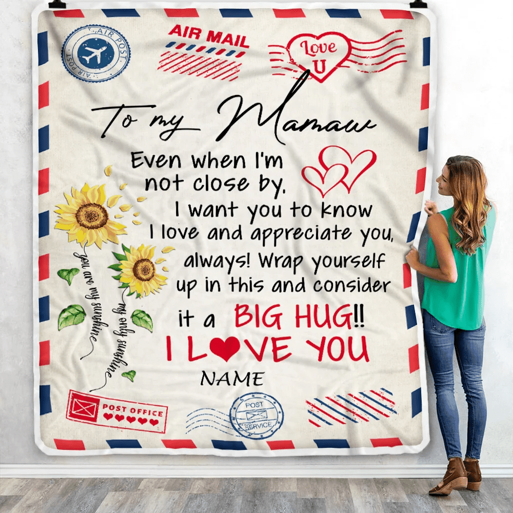 Personalized Mamaw Blanket From Grandkids Love Big Hug Air Mail Letter Sunflower Mamaw Birthday Mothers Day Christmas Customized Fleece Throw Blanket
