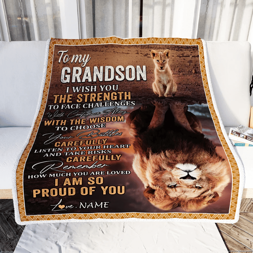 Personalized To My Grandson Blanket From Grandma Papa I Wish You The Strength Lion Grandson Birthday Graduation Christmas Gift Bed Quilt Fleece Throw Blanket
