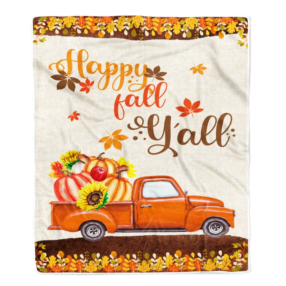 Happy Fall Y'all Autumn Thanksgiving Truck with Pumpkin and Retro Fleece Blanket