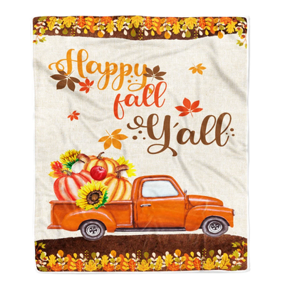 Happy Fall Y'all Autumn Thanksgiving Truck with Pumpkin and Retro Fleece Blanket