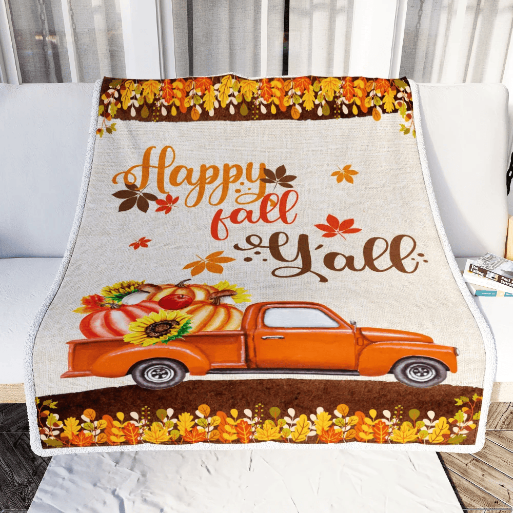 Happy Fall Y'all Autumn Thanksgiving Truck with Pumpkin and Retro Fleece Blanket