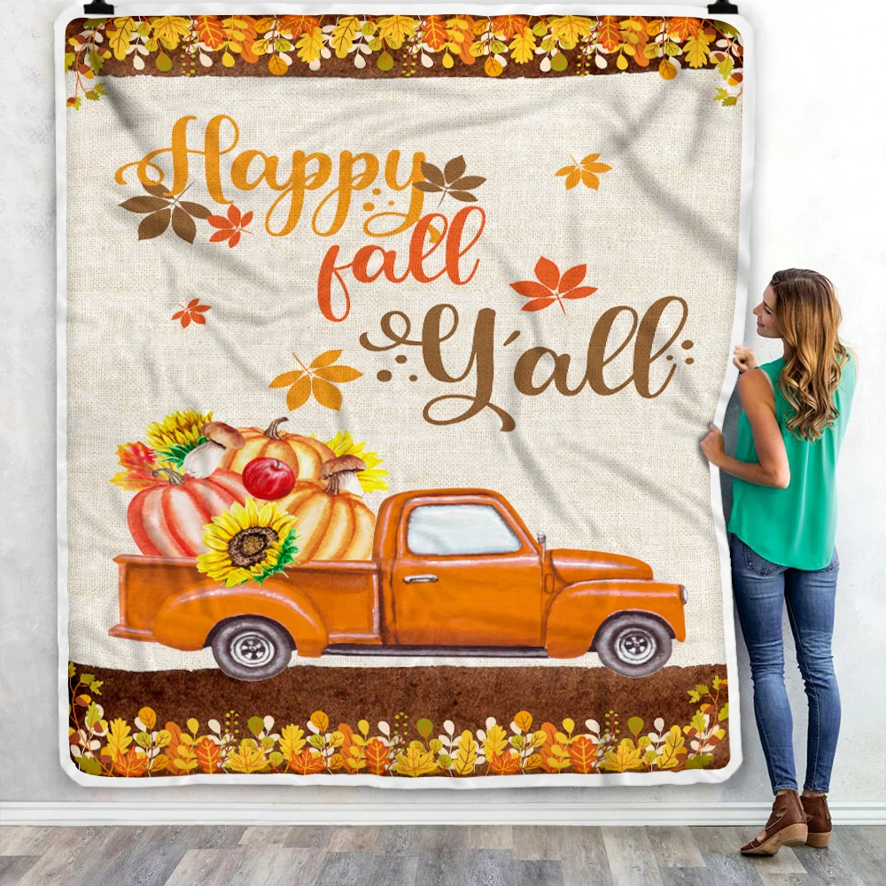 Happy Fall Y'all Autumn Thanksgiving Truck with Pumpkin and Retro Fleece Blanket