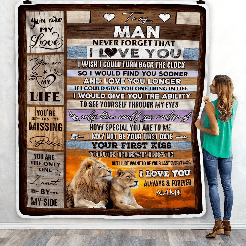 Personalized To My Man Blanket For Him Never Forget I Love You Couple Lion Husband Birthday Anniversary Valentines Day Christmas Customized Fleece Blanket