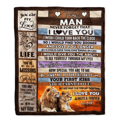 Personalized To My Man Blanket For Him Never Forget I Love You Couple Lion Husband Birthday Anniversary Valentines Day Christmas Customized Fleece Blanket
