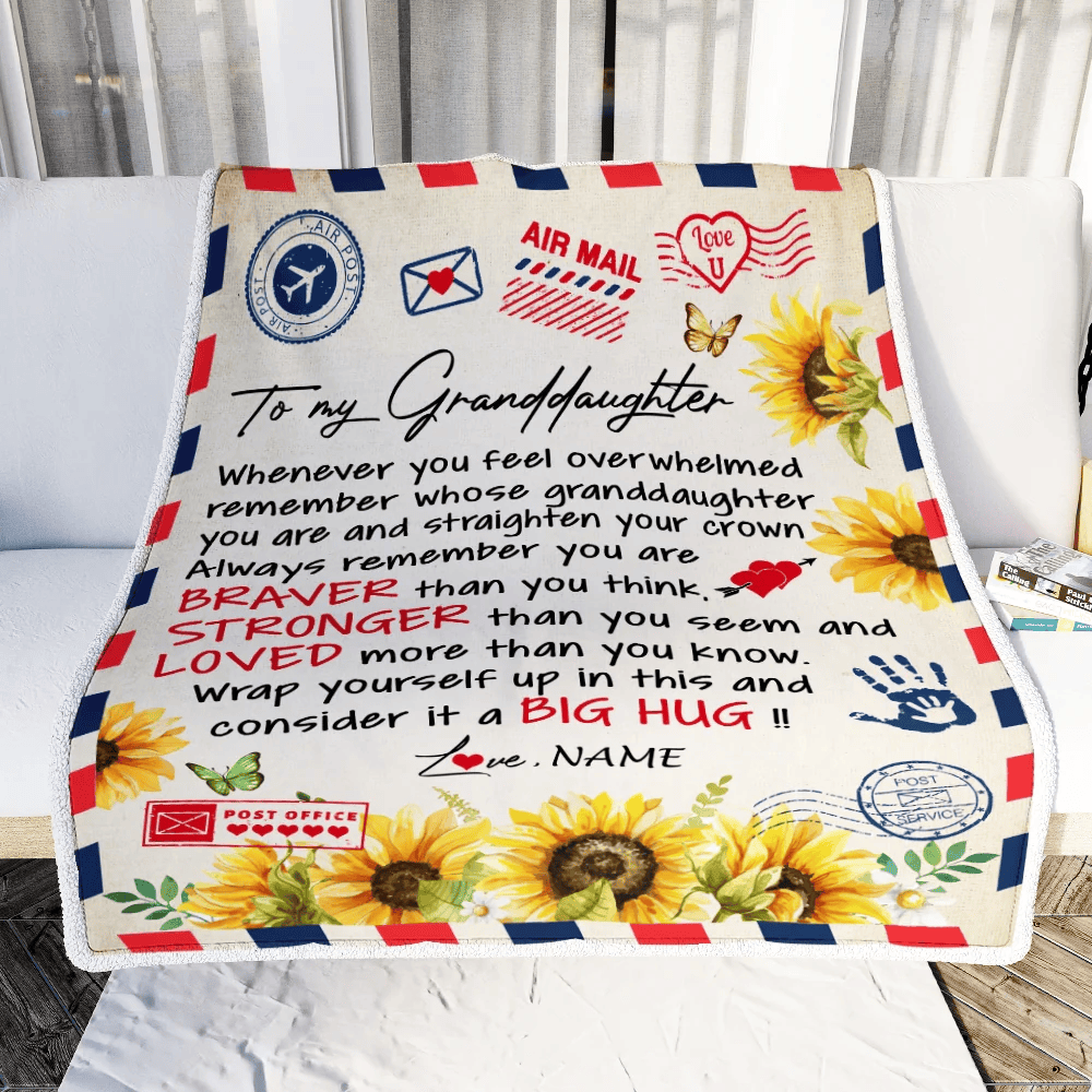 Personalized To My Granddaughter Blanket from Grandma Air Mail Letter Braver Stronger Loved Sunflower Birthday Graduation Christmas Customized Fleece Blanket