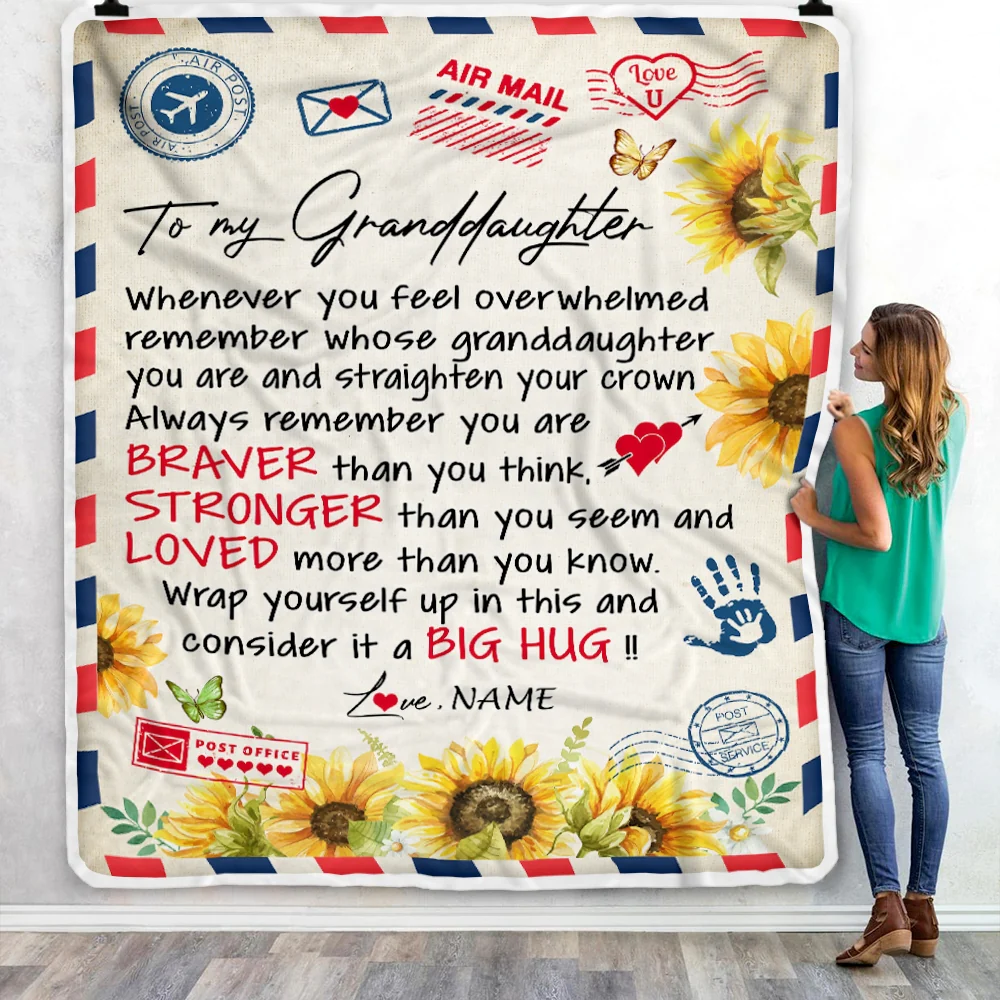 Personalized To My Granddaughter Blanket from Grandma Air Mail Letter Braver Stronger Loved Sunflower Birthday Graduation Christmas Customized Fleece Blanket