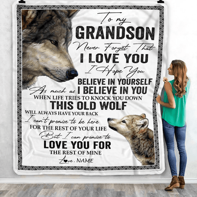 Personalized To My Grandson Blanket From Grandma Grandpa This Old Wolf Love You Grandson Birthday Graduation Christmas Customized Fleece Blanket