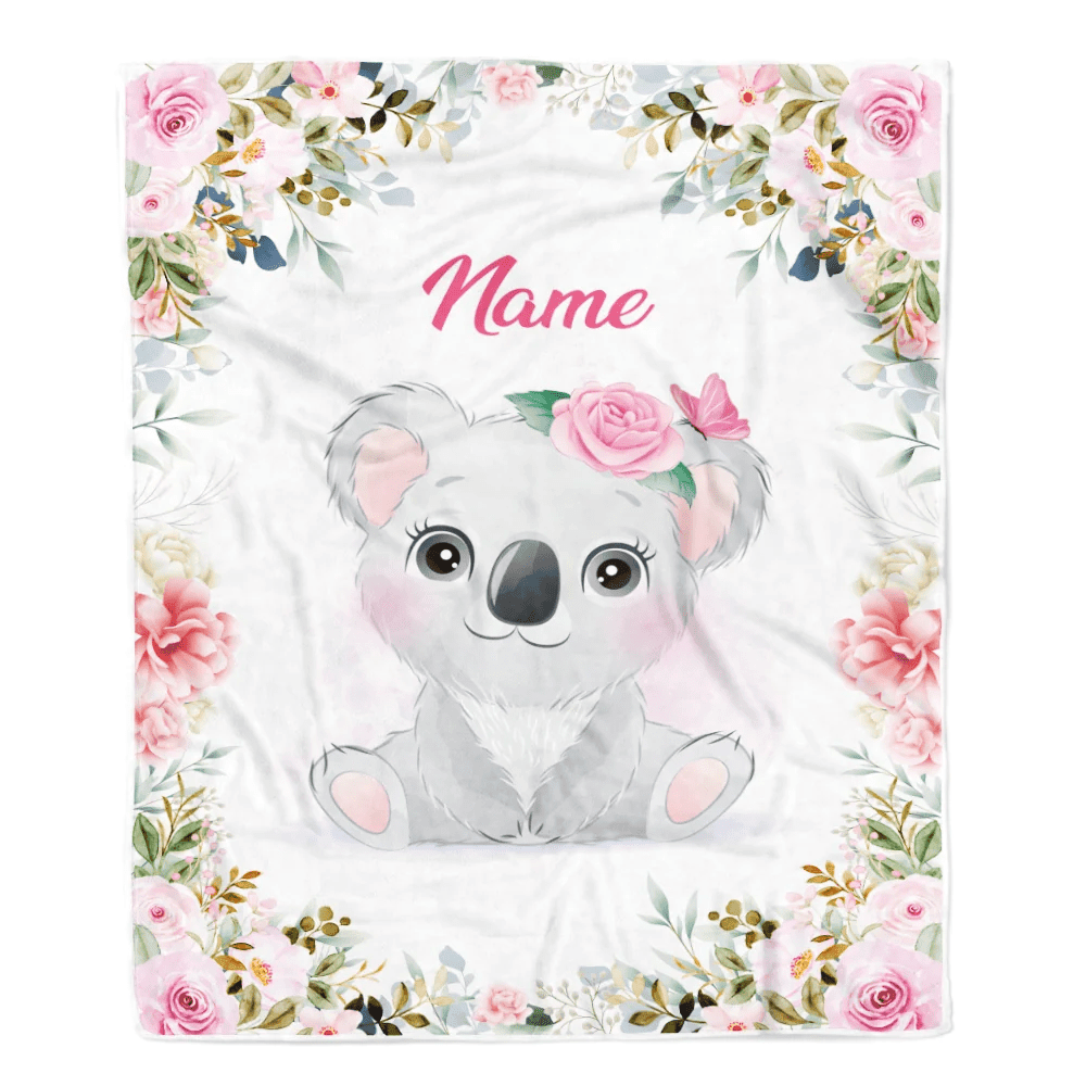 Personalized Baby Blanket With Name Baby Girls Koala For Newborns Nursery Daughter Granddaughter Niece Birthday Christmas Customized Fleece Blanket