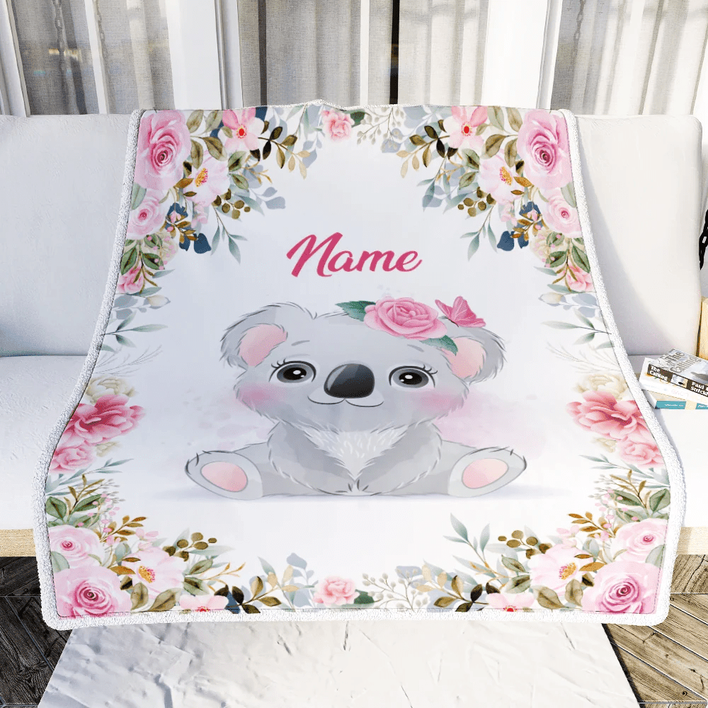 Personalized Baby Blanket With Name Baby Girls Koala For Newborns Nursery Daughter Granddaughter Niece Birthday Christmas Customized Fleece Blanket