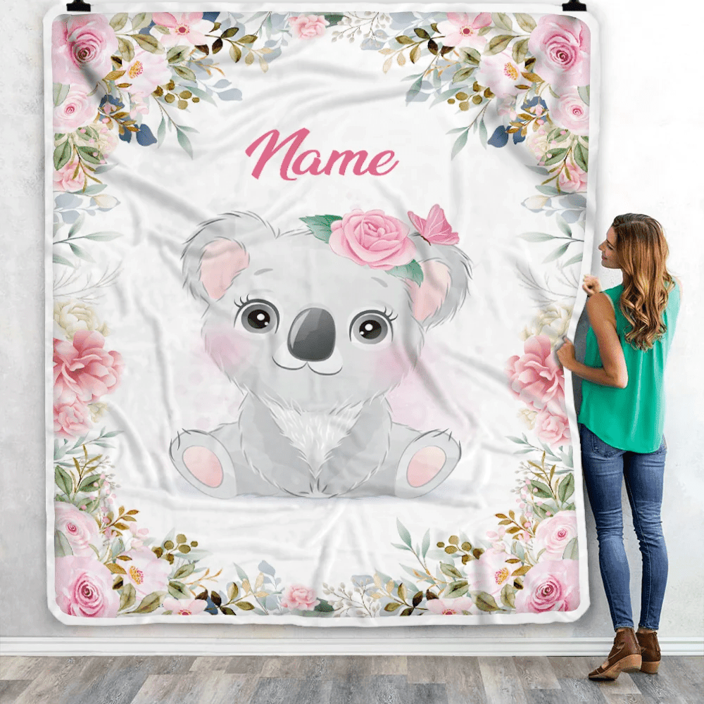 Personalized Baby Blanket With Name Baby Girls Koala For Newborns Nursery Daughter Granddaughter Niece Birthday Christmas Customized Fleece Blanket