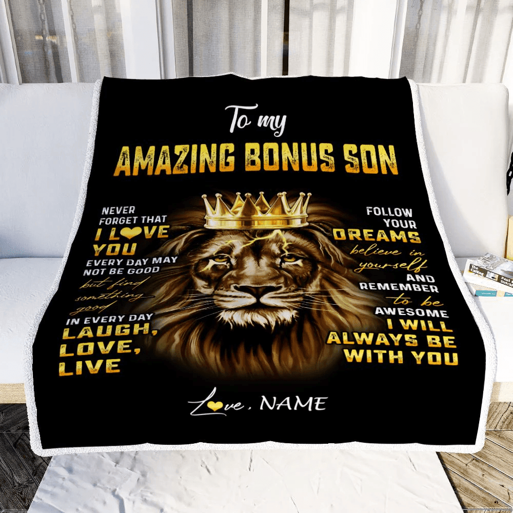 Personalized To My Bonus Son Blanket From Stepmother Never Forget I Love You Lion Stepson Birthday Graduation Christmas Customized Fleece Throw Blanket