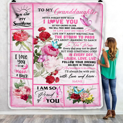 Personalized To My Granddaughter Blanket From Grandma Never Forget I Love You Pink Butterfly Granddaughter Birthday Christmas Customized Fleece Throw Blanket