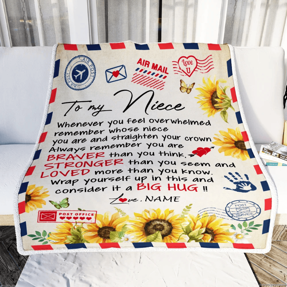 Personalized To My Niece Blanket from Aunt Uncle Air Mail Letter Braver Stronger Loved Sunflower Niece Birthday Graduation Christmas Customized Fleece Blanket