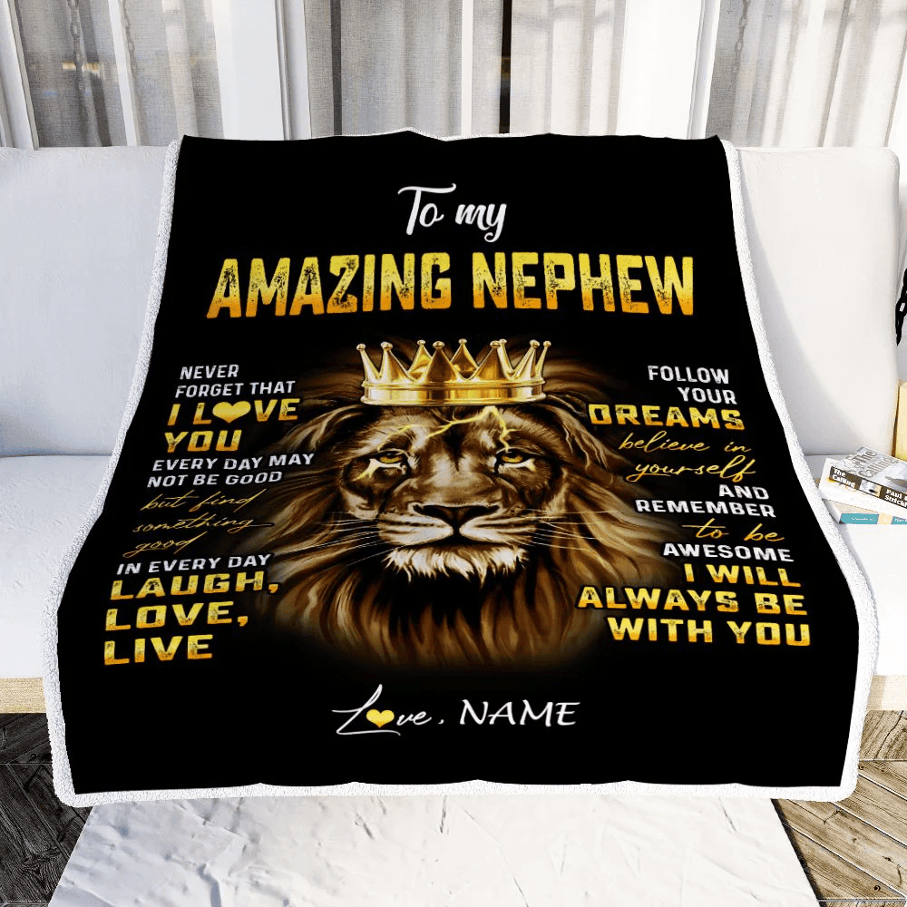 Personalized To My Nephew Blanket From Uncle Aunt Auntie Never Forget I Love You Lion Nephew Birthday Graduation Christmas Customized Bed Fleece Throw Blanket