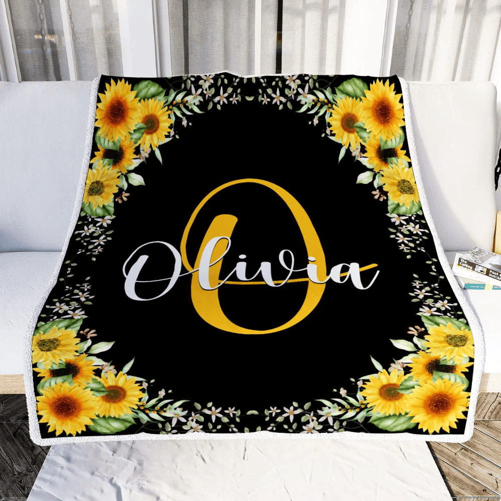 Personalized Custom Baby Blanket With Name For Girls Monogra With Sunflower For Kids Daughter Granddaughter Niece Birthday Christmas Bed Fleece Throw Blanket