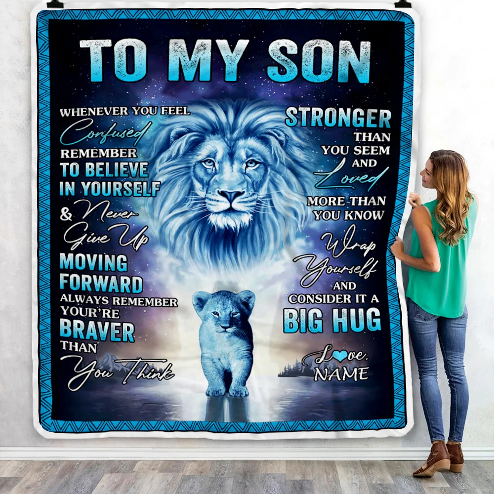 Personalized To My Son Blanket From Mom Dad I Love You It A Big Hug Lion Son Birthday Graduation Christmas Customized Fleece Throw Blanket