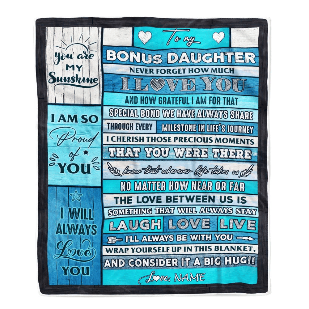 Personalized To My Bonus Daughter Blanket From Stepmother Wood I Love You It A Big Hug Stepdaughter Birthday Graduation Christmas Customized Fleece Blanket