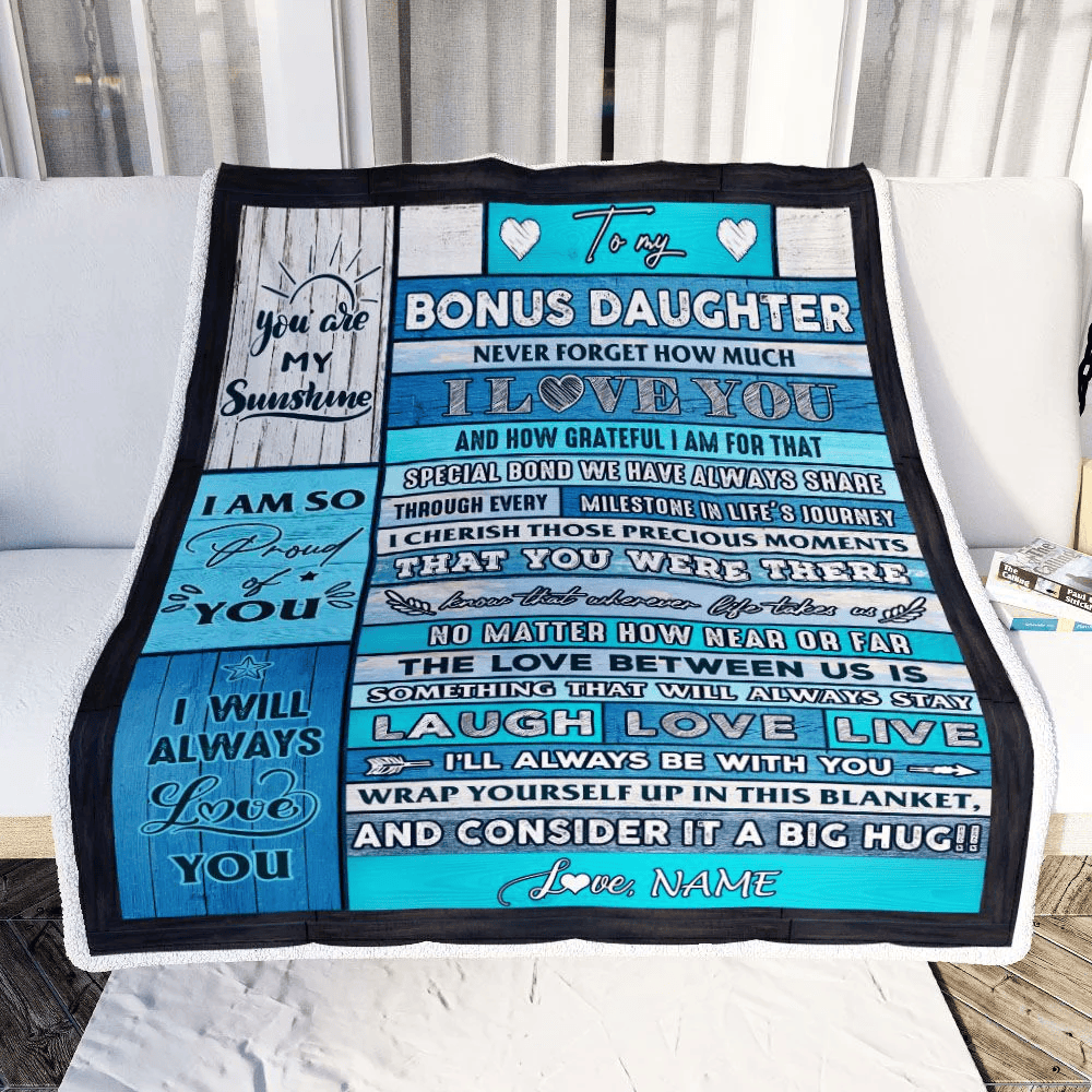 Personalized To My Bonus Daughter Blanket From Stepmother Wood I Love You It A Big Hug Stepdaughter Birthday Graduation Christmas Customized Fleece Blanket