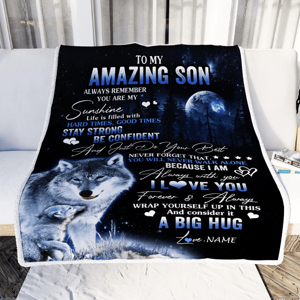 Personalized To My Amazing Son Wolf Blanket From Mom Dad Mother Father Moon Wolf Son Birthday Graduation Christmas Customized Bed Fleece Throw Blanket