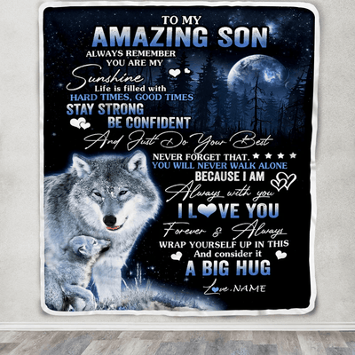Personalized To My Amazing Son Wolf Blanket From Mom Dad Mother Father Moon Wolf Son Birthday Graduation Christmas Customized Bed Fleece Throw Blanket