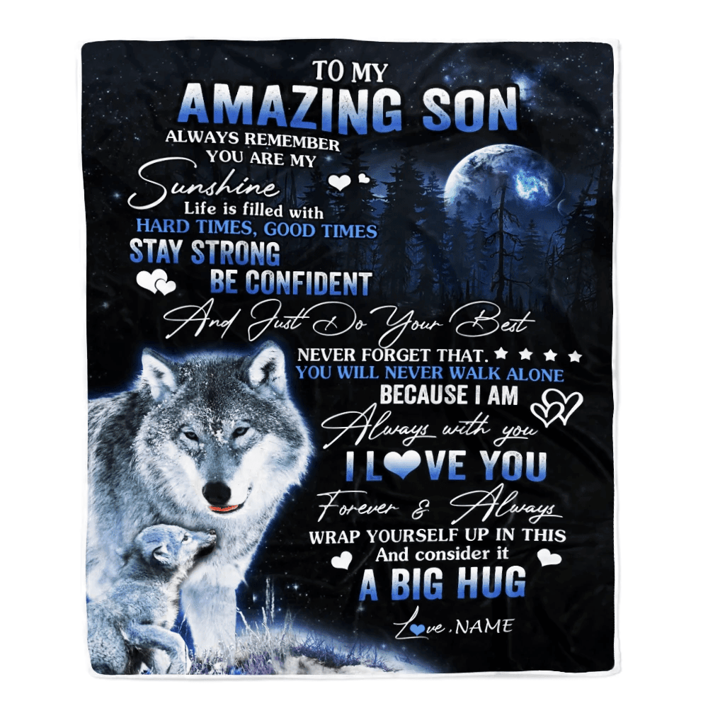Personalized To My Amazing Son Wolf Blanket From Mom Dad Mother Father Moon Wolf Son Birthday Graduation Christmas Customized Bed Fleece Throw Blanket