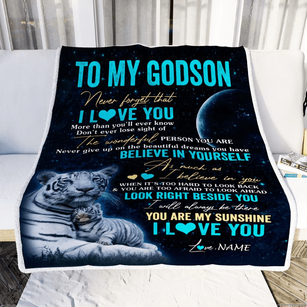 Personalized To My Godson Blanket From Godmother Godfather Never Forget I Love You White Tiger Godchild Godson Graduation Christmas Customized Fleece Blanket