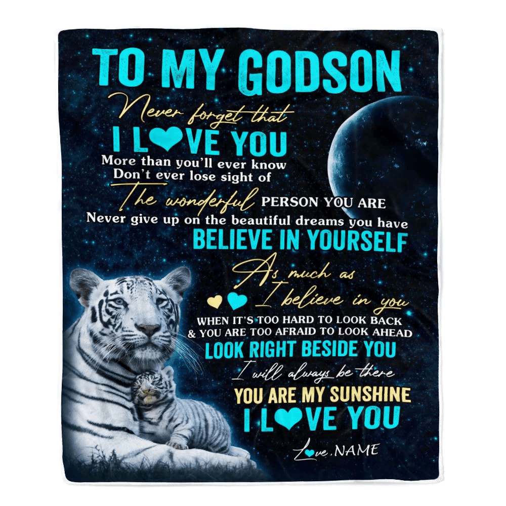 Personalized To My Godson Blanket From Godmother Godfather Never Forget I Love You White Tiger Godchild Godson Graduation Christmas Customized Fleece Blanket