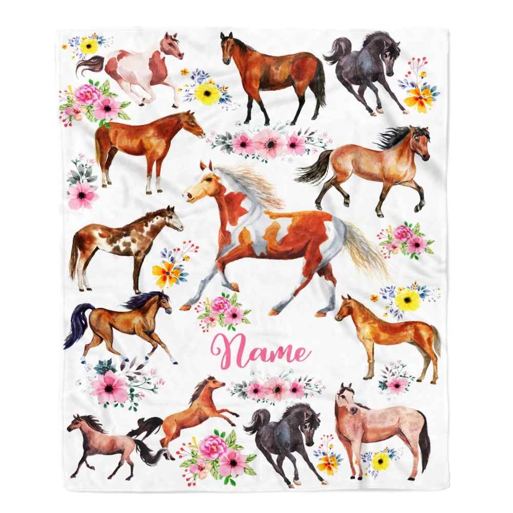 Personalized Horse For Girl Blanket Loves Horses Flower Floral For Daughter Women Birthday Graduation Christmas Customized Fleece Blanket