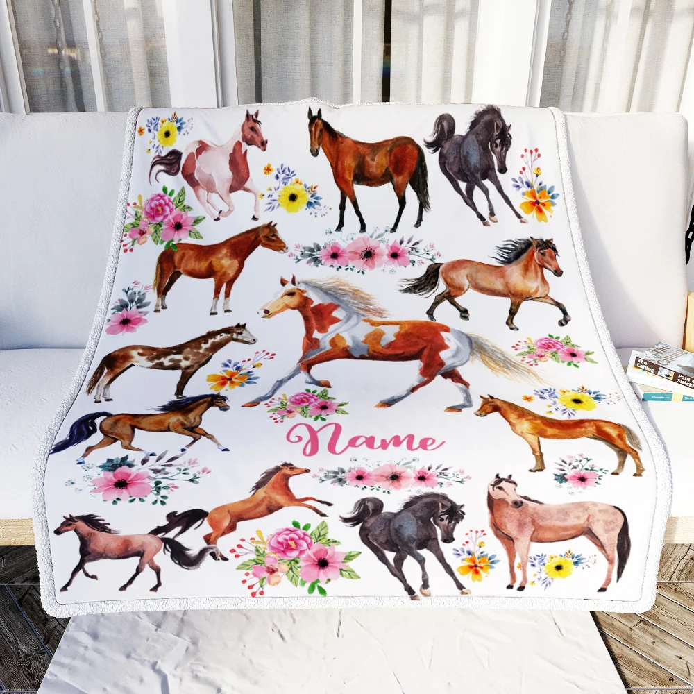 Personalized Horse For Girl Blanket Loves Horses Flower Floral For Daughter Women Birthday Graduation Christmas Customized Fleece Blanket