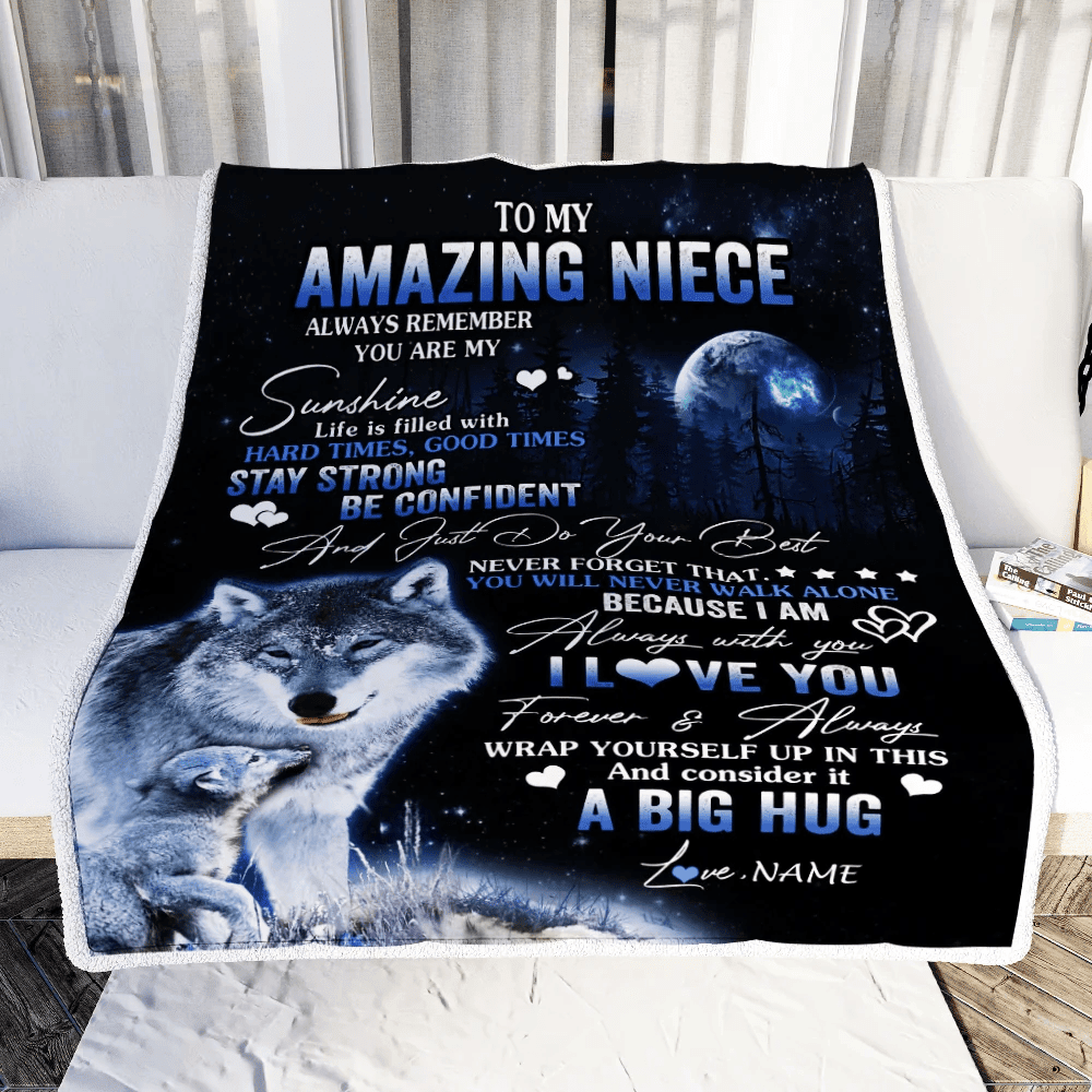 Personalized To My Amazing Niece Wolf Blanket From Aunt Auntie Uncle Moon Wolf Niece Birthday Graduation Christmas Customized Fleece Throw Blanket