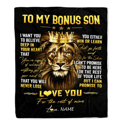 Personalized To My Bonus Son Blanket From Stepmom StepDad You Will Never Lose Lion Stepson Birthday Graduation Christmas Customized Fleece Throw Blanket