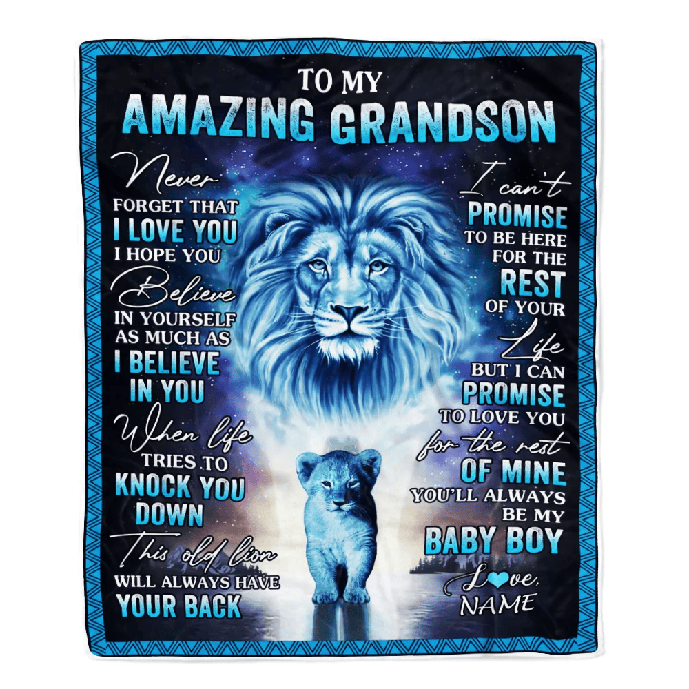 Personalized To My Amazing Grandson Blanket From Grandma Grandpa Lion Never Forget I Love You Birthday Graduation Christmas Customized Fleece Blanket
