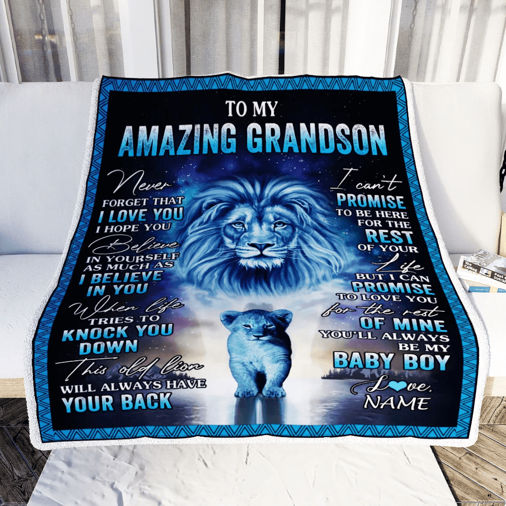 Personalized To My Amazing Grandson Blanket From Grandma Grandpa Lion Never Forget I Love You Birthday Graduation Christmas Customized Fleece Blanket