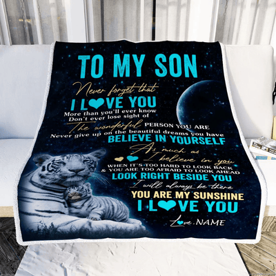 Personalized To My Son Blanket From Mom Dad Mother Never Forget I Love You White Tiger Son Birthday Graduation Christmas Customized Bed Fleece Throw Blanket