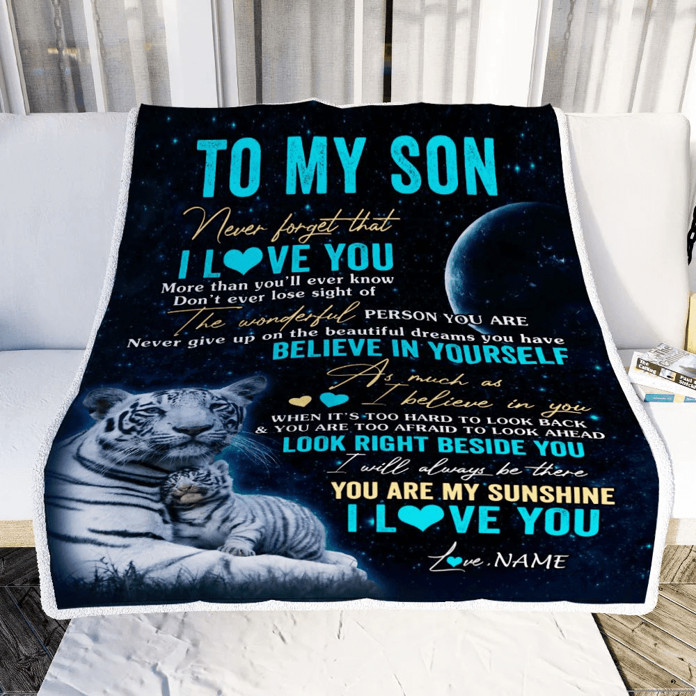Personalized To My Son Blanket From Mom Dad Mother Never Forget I Love You White Tiger Son Birthday Graduation Christmas Customized Bed Fleece Throw Blanket