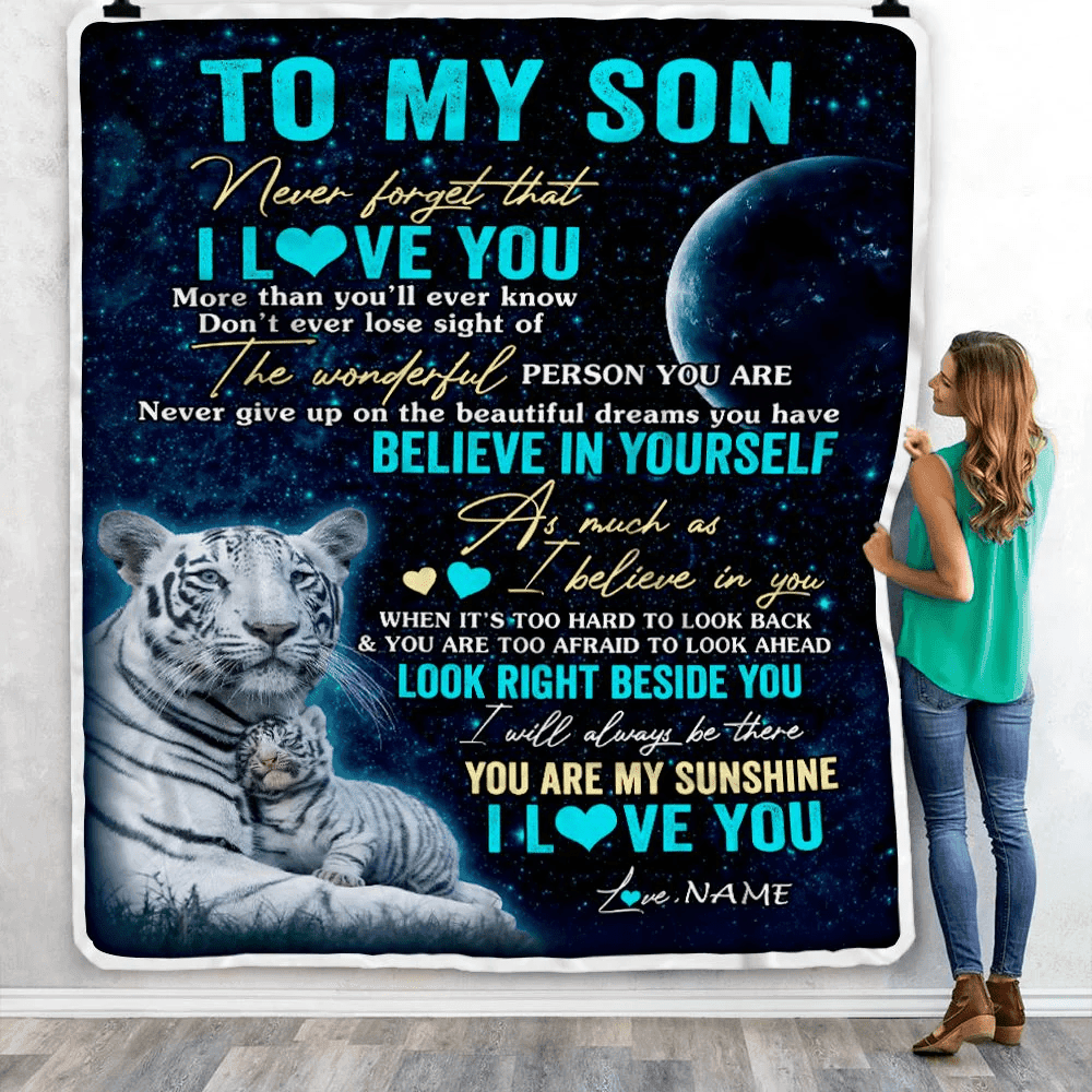 Personalized To My Son Blanket From Mom Dad Mother Never Forget I Love You White Tiger Son Birthday Graduation Christmas Customized Bed Fleece Throw Blanket