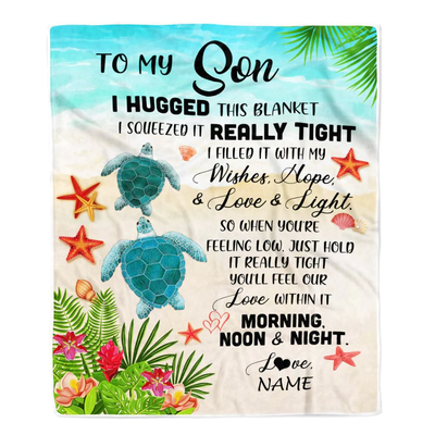 Personalized To My Son Blanket From Mom Dad Mother I Hugged This With Love Turtle Beach Son Birthday Graduation Christmas Customized Bed Fleece Blanket