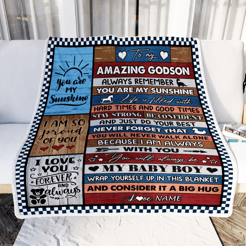 Personalized To My Amazing Godson Blanket From Godmother Godfather Wood It A Big Hug Godson Birthday Graduation Christmas Customized Bed Fleece Throw Blanket