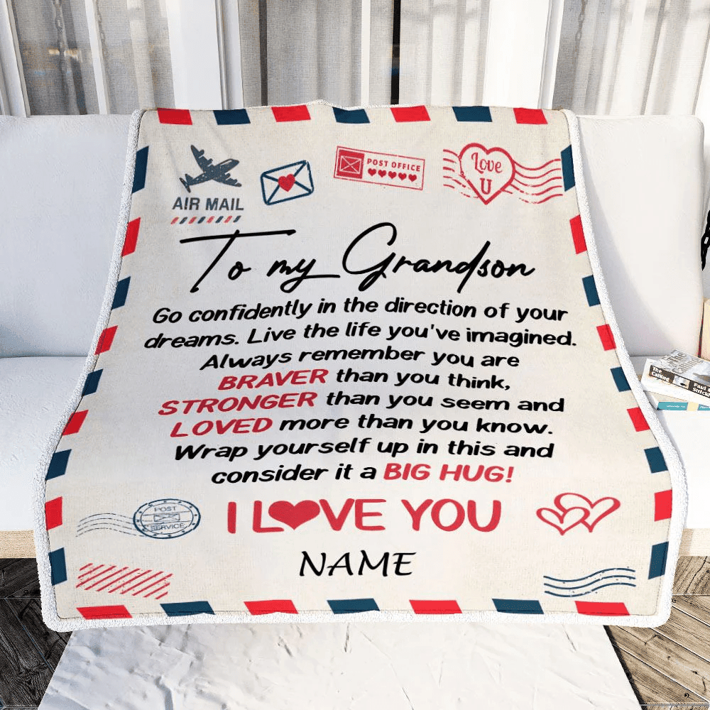 Personalized To My Grandson Blanket From Grandma Pops Air Mail Letter Confidently I Love You Grandson Birthday Graduation Christmas Customized Fleece Blanket